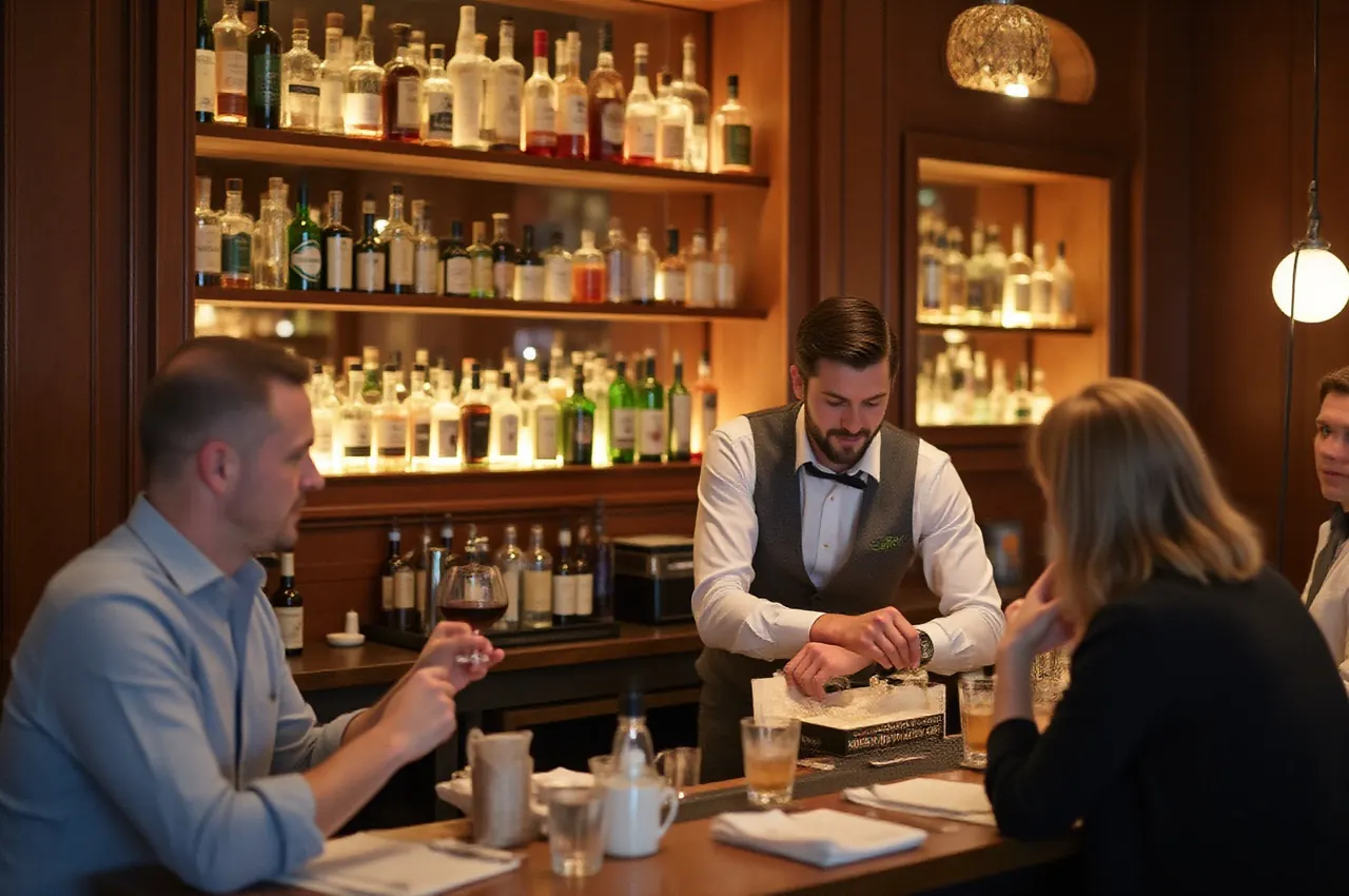 Barman w kamizelce przygotowuje koktajle za długim barem z podświetlonymi butelkami, obok rozmawiający goście