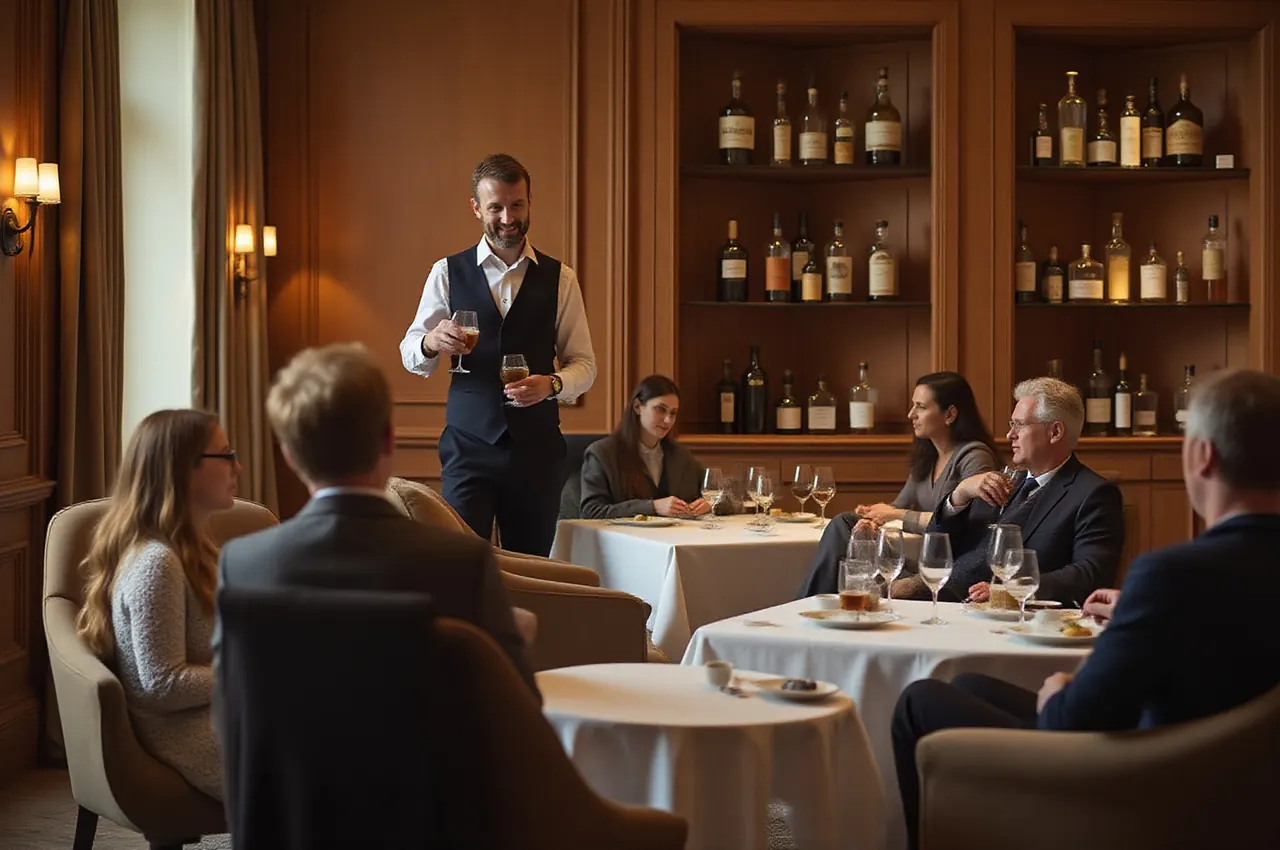 Goście odpoczywający w głębokich fotelach w lounge’u po kolacji, kelner podaje drinki